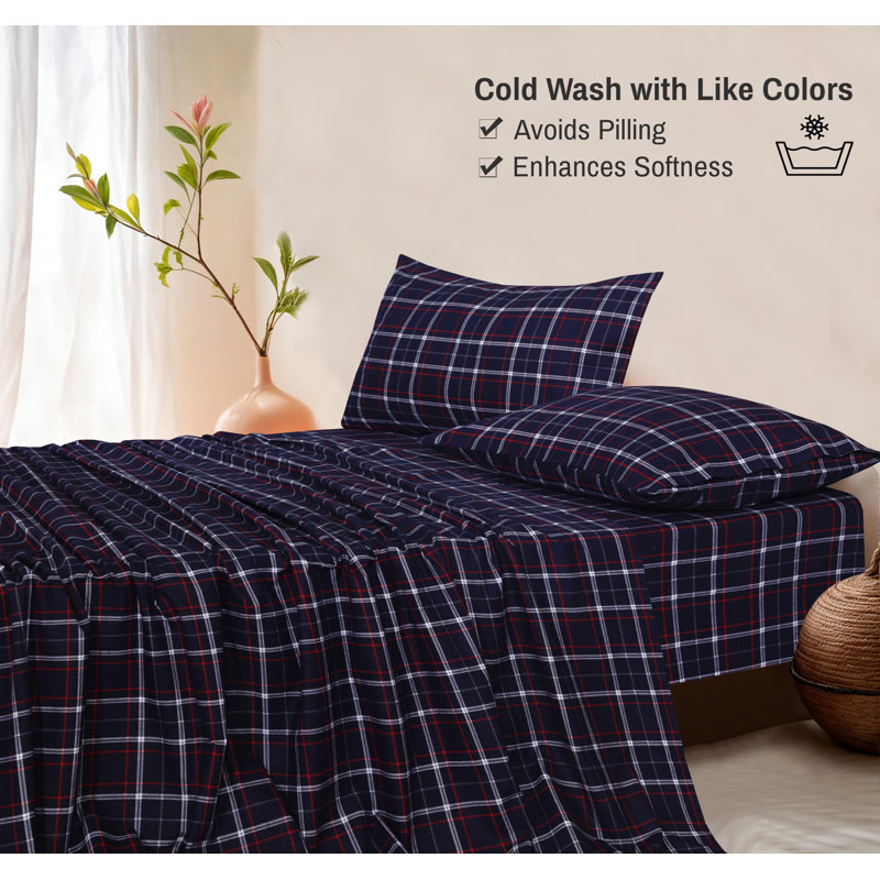 Yankees Blue Plaid Full Cotton Flannel Bed Sheet Set