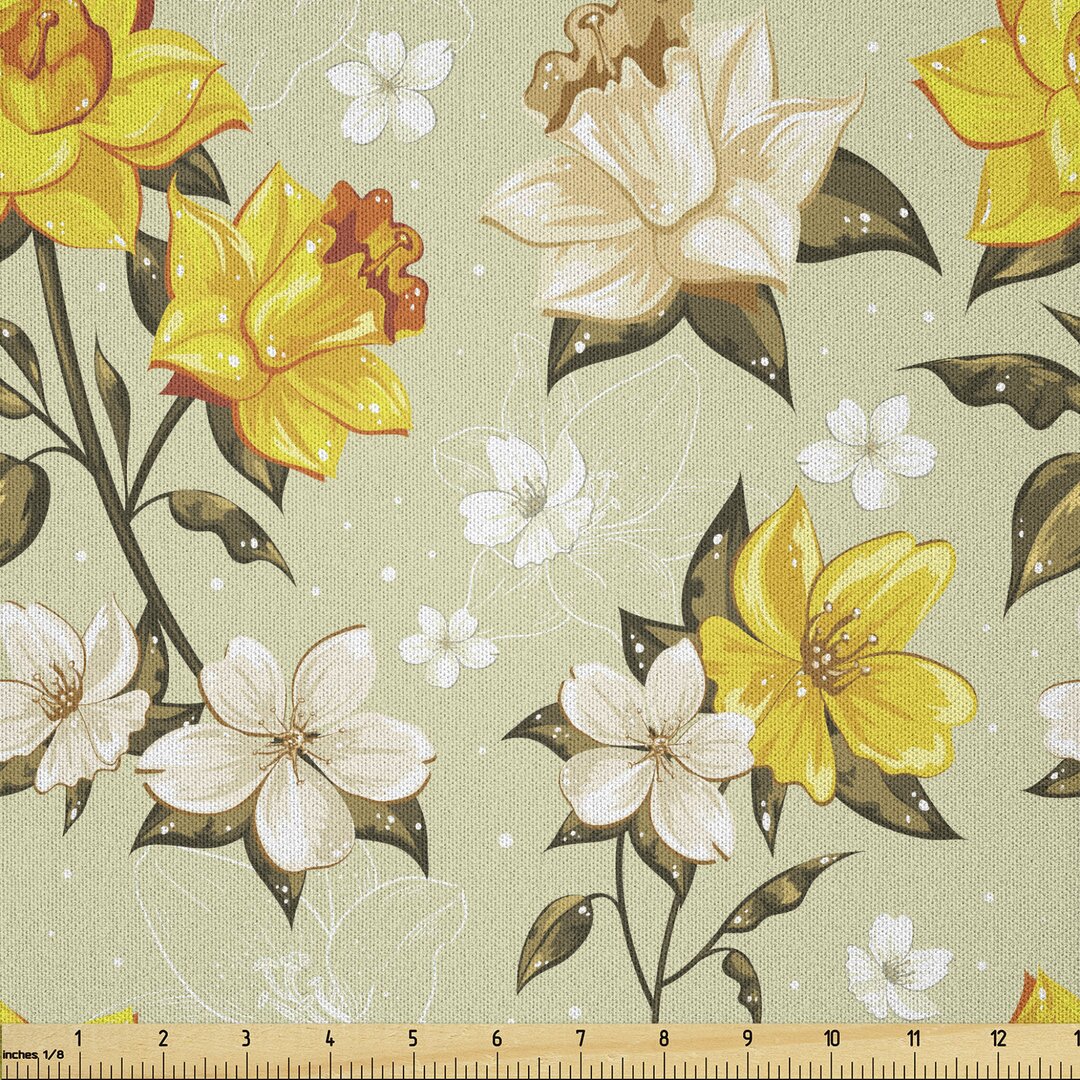 Stoff als Meterware, Floral Narcissus Ast, Frühling, Yellow Khaki Creme