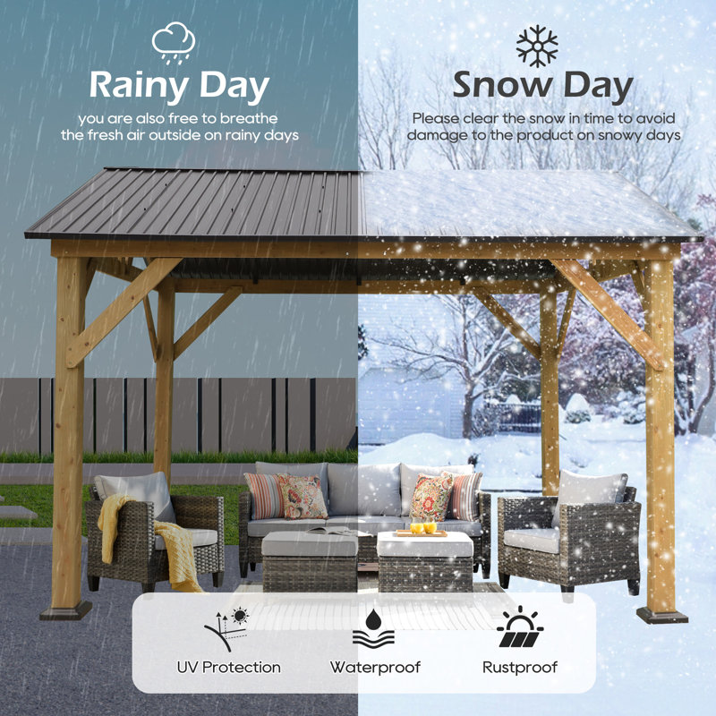 10 FT x 12 FT Outdoor Patio Solid Wood Gazebo with Steel Hardtop for Patio, Backyard