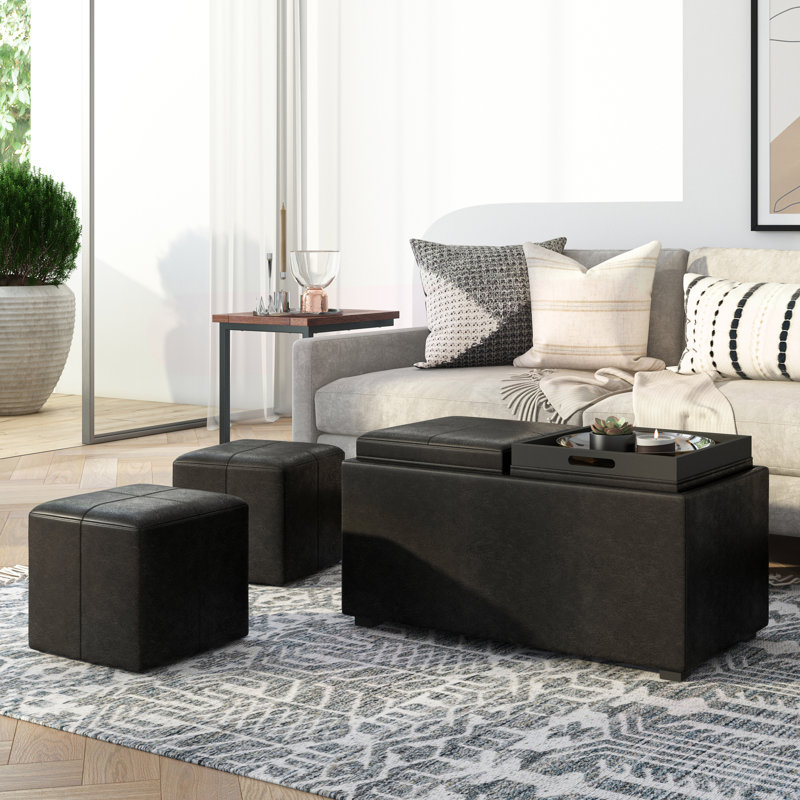 Avalon 35"W Upholstered Storage Ottoman Set with 5 Pieces and Flip-Over Serving Tray Lids, Distressed Black Faux Leather