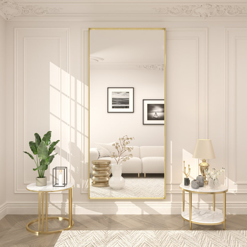 Aevar Tempered Glass and Aluminum Alloy Framed French Cleat Mounted Wall Mirror with 5-Year Warranty, 72" x 32", Brushed Gold