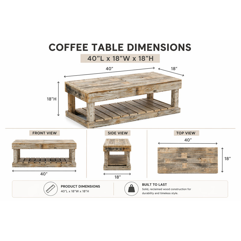 Table basse en bois de récupération massif moderne 40 po avec tablette à lattes Modern Natural, Naturel