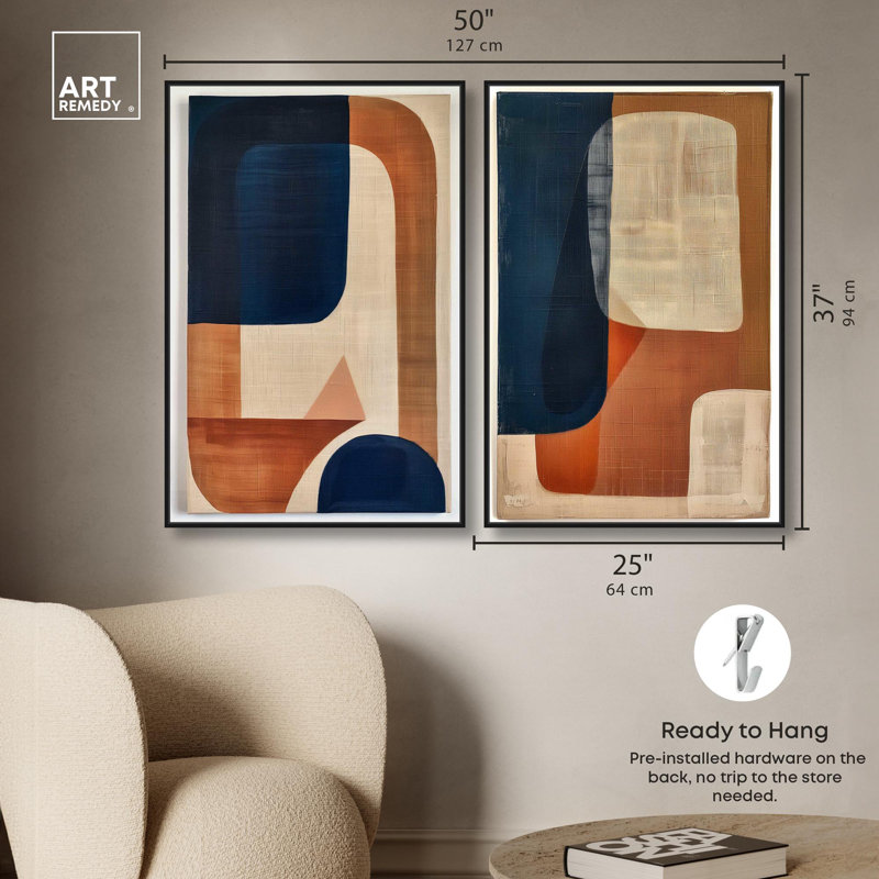 Blue Cream Set Canvas Set of 2 Boho Abstract by Art Remedy, 36" H x 24" W, Black Floater Framed