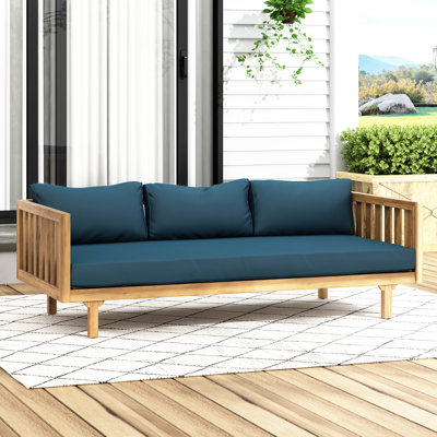 Lit de jour extérieur avec bois robuste et coussins d'eau, 68,16 l x 32,42 P 24,22 h, élégant siège à lattes 3 panneaux à lattes, 67,75 l 32,25 P 24,00 h, assemblage requis