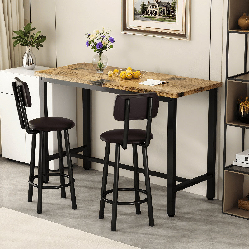 3 Piece Bar Table Set Of 2, 47" Rectangle Pub Bar Table With 2 PU Leather Upholstered Backrest Stools, Small Space Kitchen Dining Table Set For Kitchen, Living Room, Apartment