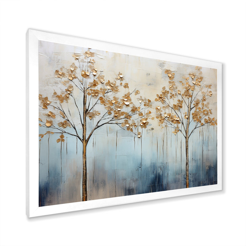 Minimalisme, scène d'arbres dorés et bleus VI sur toile, H 34 po x l 44 po x P 1,5 po, Cadre simple blanc