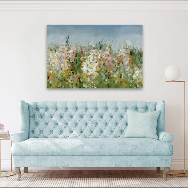Art sur fond bleu et floral, H 40 po x l 60 po