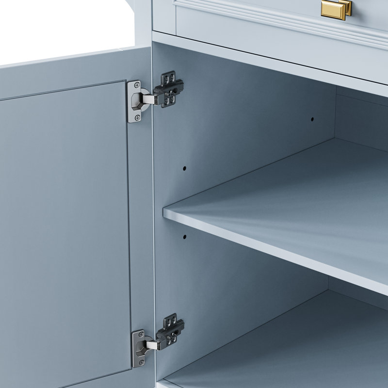 Îlot de cuisine 52 po avec abattant, gris-bleu Espace de rangement abondant pour 2 portes, 5 tiroirs, serviettes et épices. Tablette réglable. Fonction mobile sur roulettes verrouillable. Et placage de chêne. Fascination classique