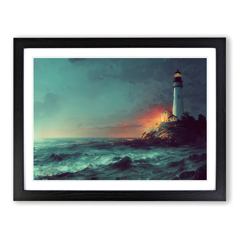 Magical Lighthouse - Single Picture Frame Painting, 46cm H x 64cm W x 2cm D, Black