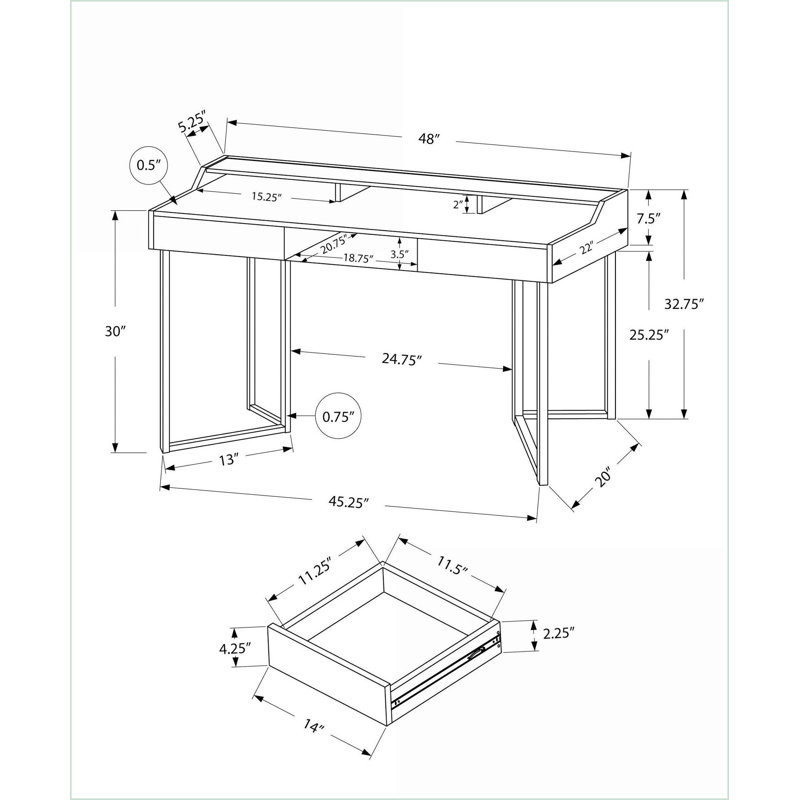 Bureaux: bureau d'ordinateur de 48 po avec tiroirs de rangement, stratifié brun moderne, pieds en métal noir | Finition taupe | Fabrication en panneau de fibres à densité moyenne