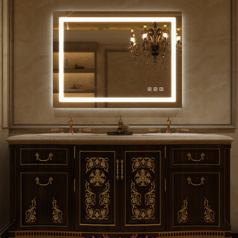 Led Bathroom Mirror, Dimmable Vanity Mirrors For Wall, Anti-fog, 3 Colors Adjustable, Memory, Double Led Lights ( Front And Backlit ) Durable Tempered Material