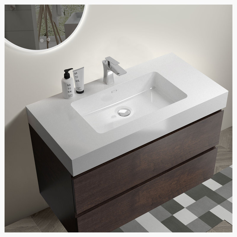 Meuble-lavabo simple 35,8 po avec plateau Atqiya, Noyer, Blanc