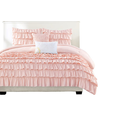 Full/Queen Size Blush Comforter With Ruffled Design, 2 Shams, Ruffle Full/Queen, Pillows