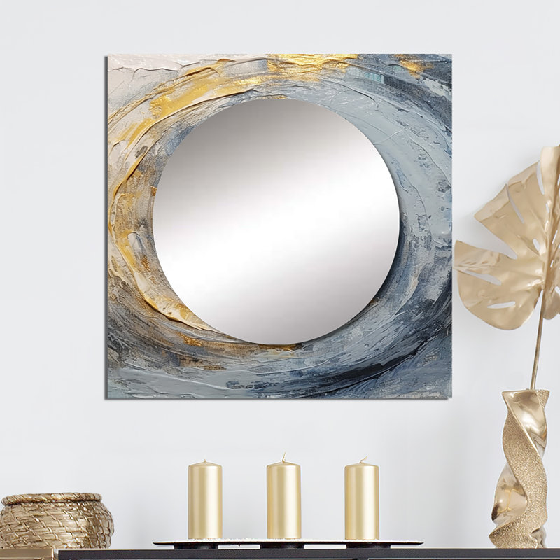 Miroir mural de salon Bellda - Spirales vibrantes dorées et bleues IV, 36 po x 36 po
