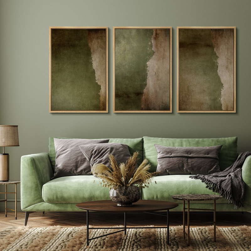 Subtile vert olive abstrait terre tons triptyque, H 36 po x l 72 po, Cadre naturel