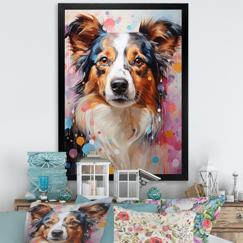 Portrait de collie ludique sur toile, Cadre simple noir, H 44 po x l 34 po x P 1,5 po