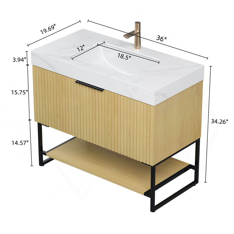 36" Bathroom Vanity&Sink, Freestanding Striped Plywood Storage Cabinet With Drawer & Open Shelf, Carrara White Sintered Stone Top & Undermount Ceramic Basin, Pre-Assembled, Corolla Oak Woodgrain