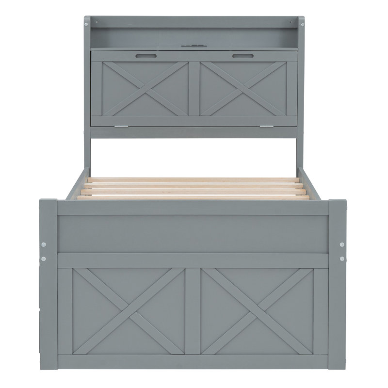 Lit en bois avec tête de lit avec prises de courant, lit extensible avec lit gigogne simple avec trois tiroirs de rangement,