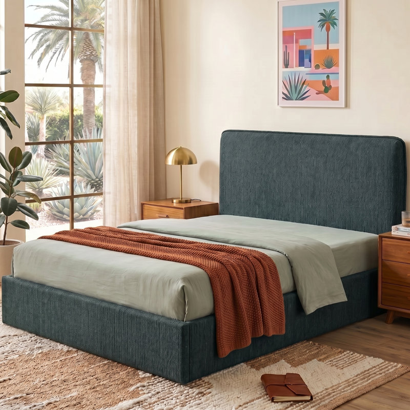 Lit tapissier courbé moderne avec rangement relevable, grand lit, lin vert, Grand lit, Vert