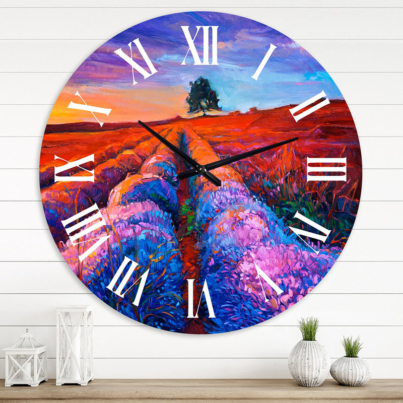 Lavande champs avec arbre lointain et soirée lueur - horloge murale de ferme, Moyenne