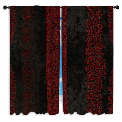 Rideaux de fenêtre rouges et noirs à motif floral avec voilage et obscurcissement floral - 2 panneaux