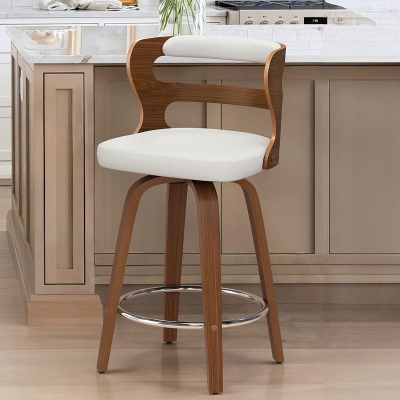 Liahna Swivel Upholstered Bar Stool with Wood Frame , White/Brown