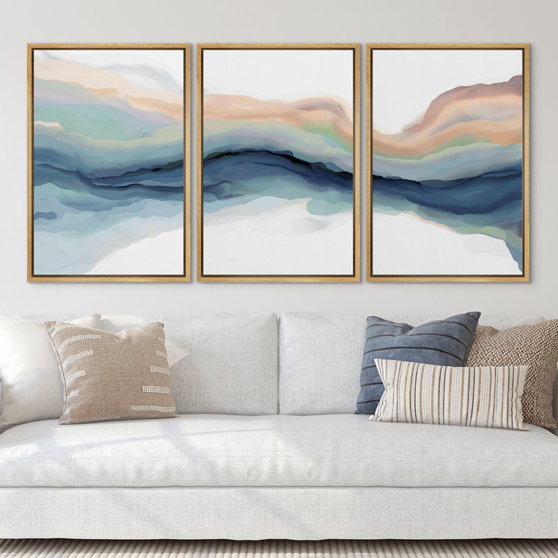 Pastel Watercolor Blue Paint Stroke Abstract Landscape- Framed Canvas Print Wall Art Work Home Decor, 24" H x 48" W, Natural