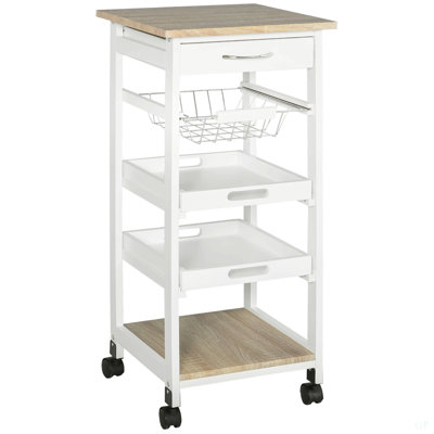 Mobile Kitchen Cart, Rolling Kitchen Island With Storage, Solid Wood Frame Utility Cart With Wire Fruit Baskets, Trays And Drawer