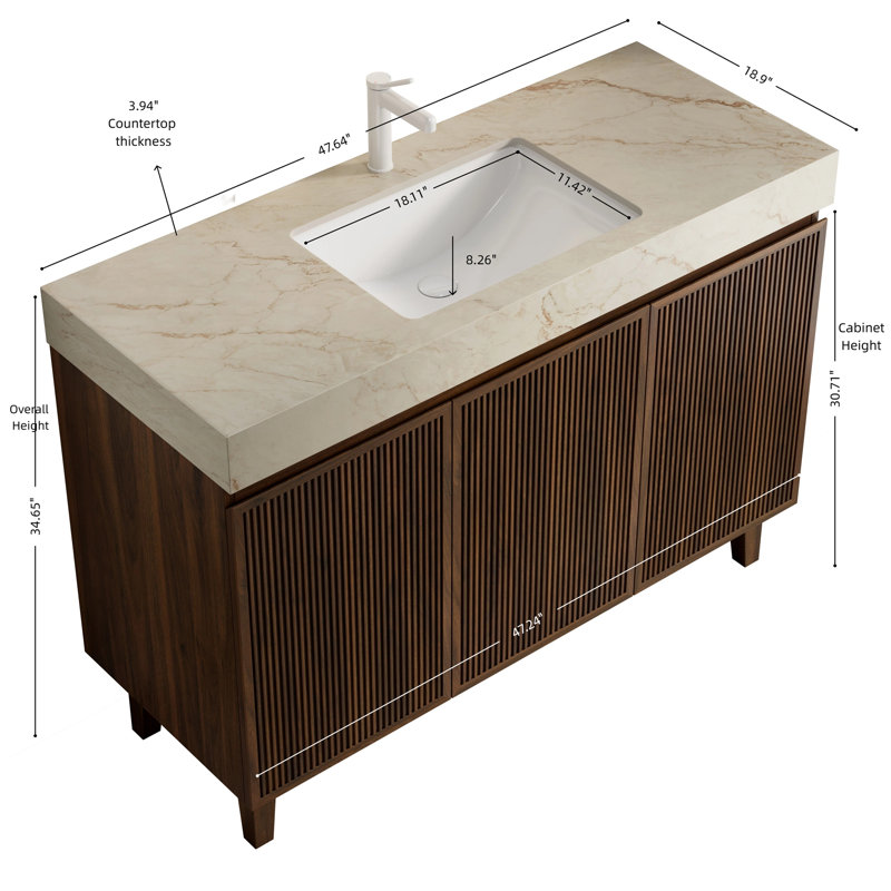 Ensemble de meuble-lavabo et évier 48 po, armoire autoportante, plateau en pierre frittée crème et vasque en céramique avec 1 trou de robinet pré-percé, ensemble sans robinet et drain