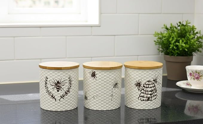 Set Of 3 Ceramic Love Bee Print Canister Airtight Seal Wood Lid Storage Container Honeycomb Texture Tea, Coffee, Sugar, Flour, Salt Kitchen Countertop