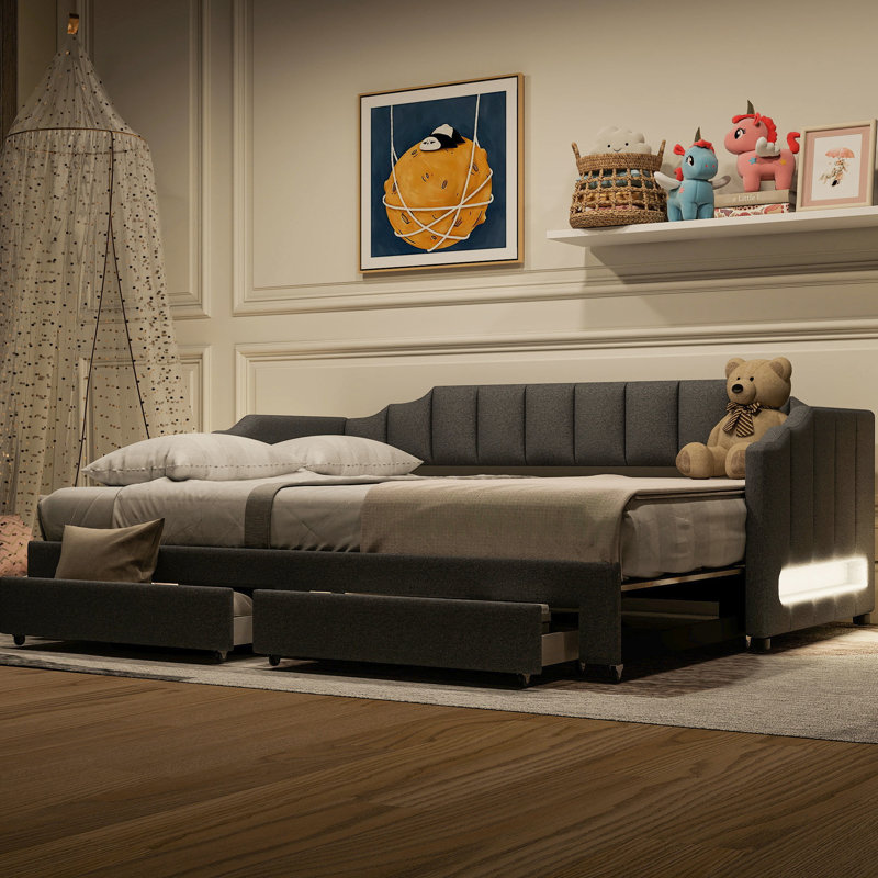 Gray Twin Xl Extendable Daybed With Storage Drawers And Adjustable Led Settings, Solid Wood Structure To King Upholstered Two Drawers, Gray, Suitable For Changing Needs