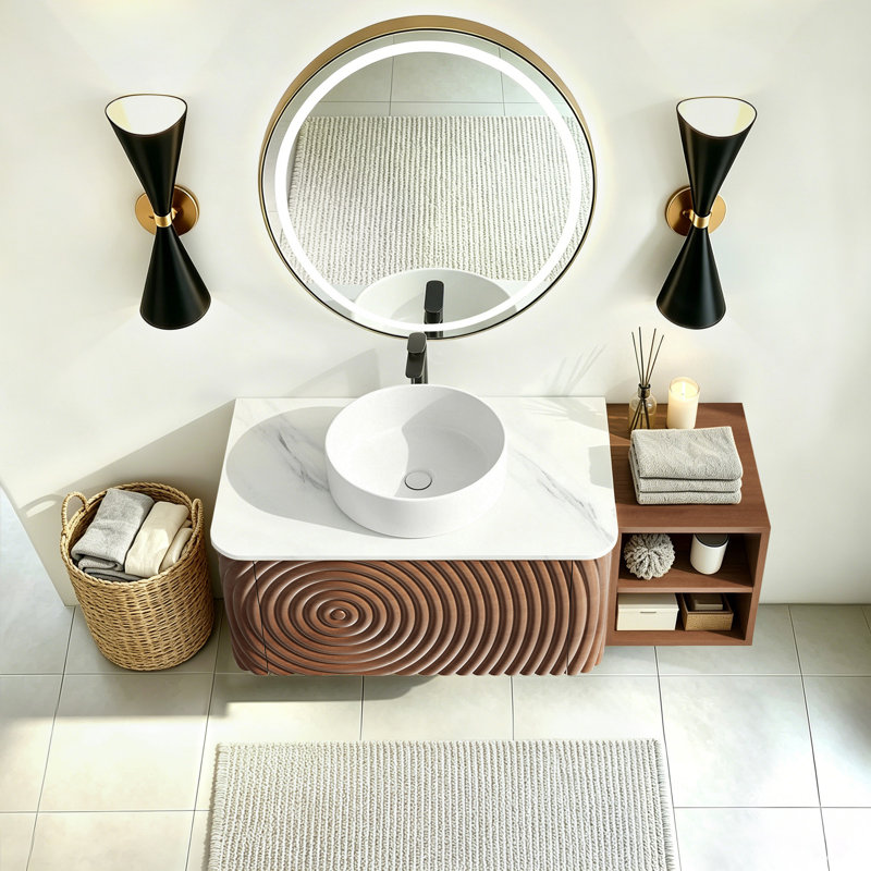 Ensemble de meuble-lavabo mural, lavabo de salle de bain flottant avec lavabo rond en céramique et armoire latérale, ensemble de meuble-lavabo texturé à ondulation d'eau pour les petits espaces, peu encombrant