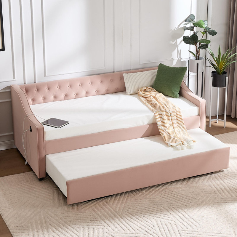 Twin Size Upholstered Daybed with Trundle,USB Port ,Side Pockets,Velvet Daybed with Button on Back and Piping on Waved Shape Arms for Bedroom Guest Room