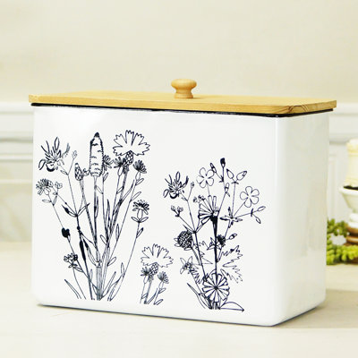 Récipient carré en métal blanc avec fleurs 13 po avec couvercle