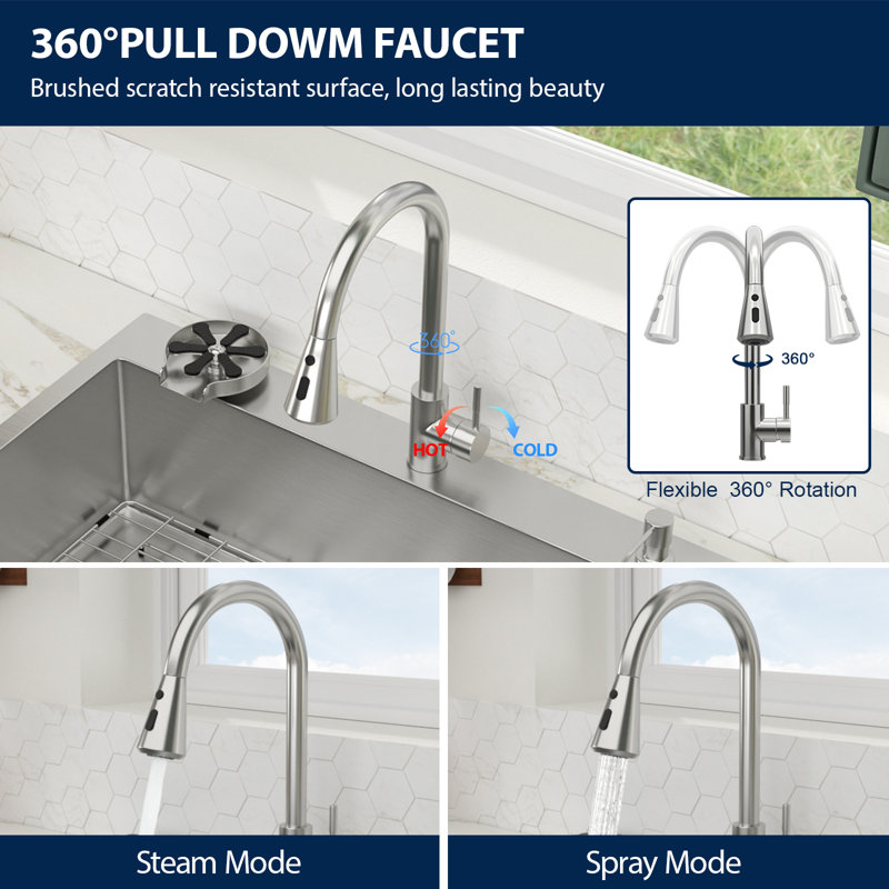 33"L x 22"W Drop In / Undermount Single Bowl 16 Gauge Stainless Steel Kitchen Sink with Cup Washer and Faucet