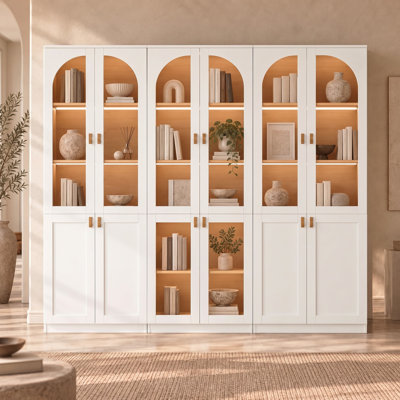 Cathcart 71"H X 70.8"W White Bookcase With Glass Doors And Shelves, Storage Cabinet With LED Light Strip and Genuine Leather Handles