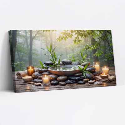 Stones, Bamboo and Lit Candles in Forest Canvas Wall Art