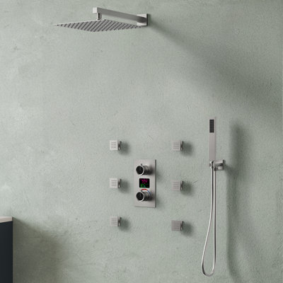 SmartTempFlow LCD Digital Shower System with Handheld Spray,12" Rainfall Shower Head  with Body Jet And Valve