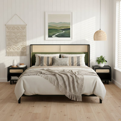 Queen Size Bed Frame with Green Headboard, Black with Green Solid Wood  Bed, No Box Spring Required, Modern Bedroom Furniture