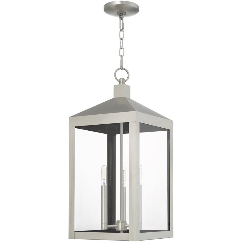 Lanterne suspendue d'extérieur 3 lumières avec abat-jour en verre transparent, H 24 po x l 10,5 po x P 10,5 po, Nickel brossé