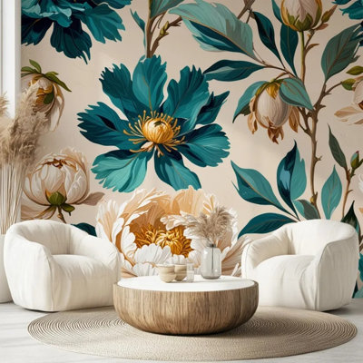 Teal & Cream Peony Botanical Wall Mural – Elegant Mixed Floral Wallpaper with Gold Center Detail on Warm Ivory Background