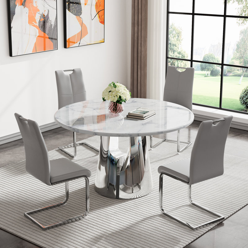 5 Piece Round Dining Table Set, 45" Round Marble Dining Table with 4 Dining Chairs, Modern Circle Kitchen Table Set with Hollow-Out Stainless Steel Base, Dining Room Table and Chairs Set