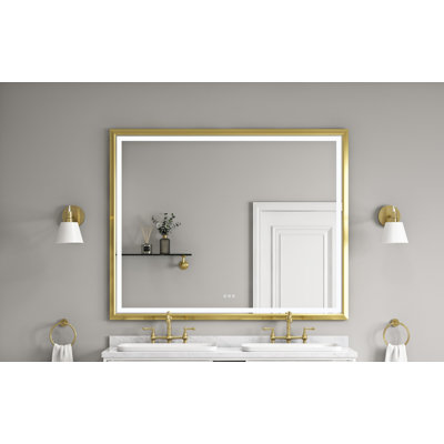 Miroir de salle de bain 60 po x 48 po avec éclairage DEL, brouillard, 3 options de couleur, gradation continue, fixation murale, cadre en aluminium, miroir 60 po x 48 po au fini or brossé, couleurs disponibles, réglable