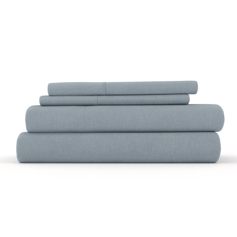 Linen Bamboo-Blend Breathable Luxury Bed Sheet Set, Light Blue, Twin Sheet Set + Fitted Sheet + 1 Pillowcase