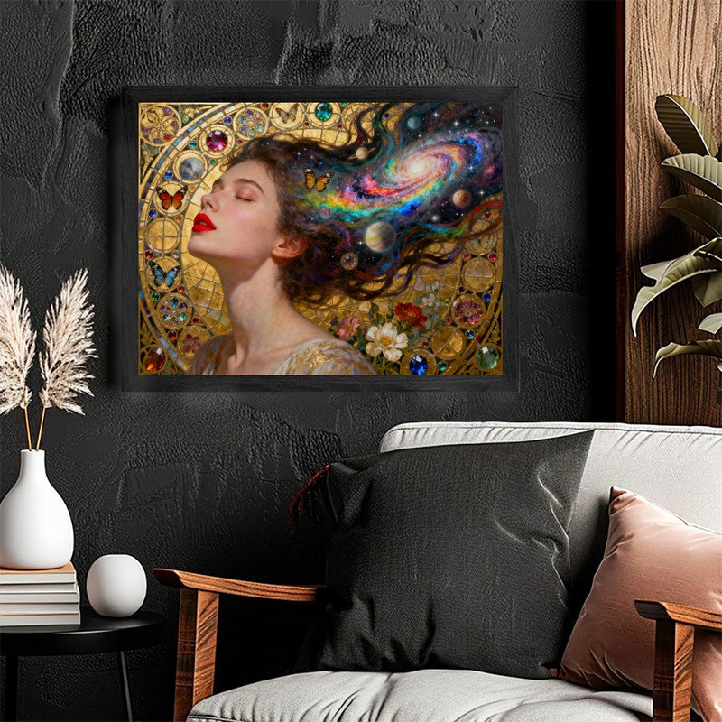 Art encadré noir, art nouveau bohémien, femme dorée, art abstrait, H 13 po x l 17 po