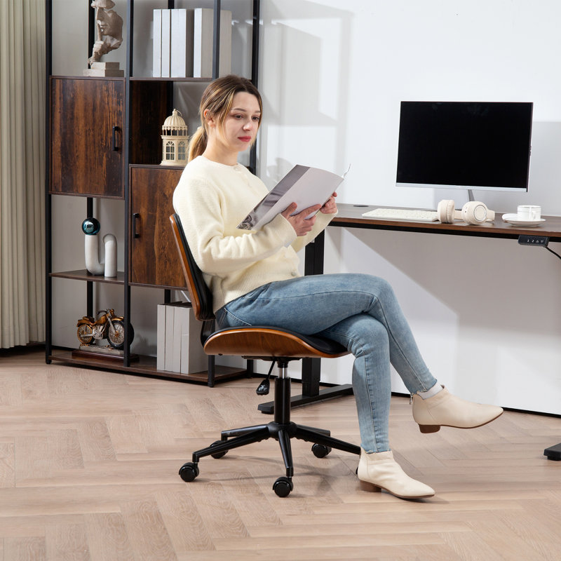 Chaise de bureau sans accoudoirs avec roulettes, petite chaise de bureau en cuir synthétique à dossier moyen avec hauteur réglable, pivotant à 360 degrés pour le bureau, la lecture, la salle de réunion, blanc, bois