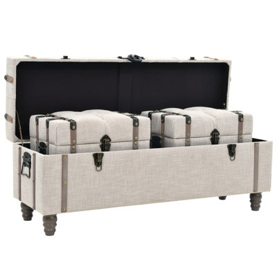 Bancs de rangement 3 pièces bois de sapin et tissu crème