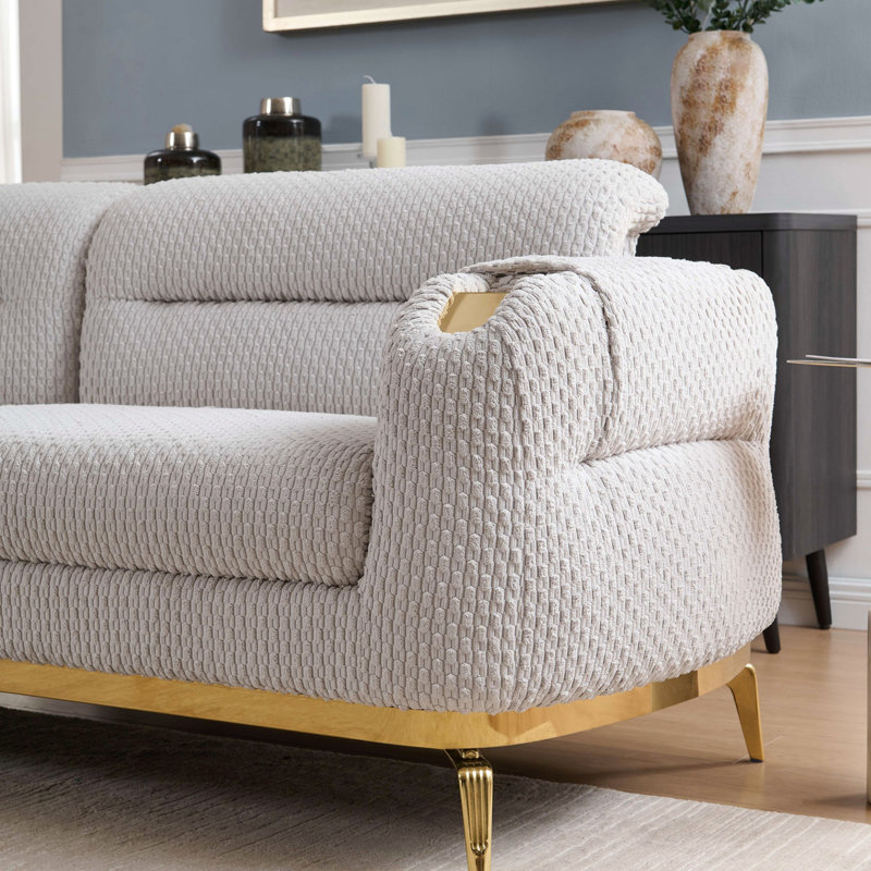 Causeuse de style moderne faite de bois et d'accents dorés, Gris
