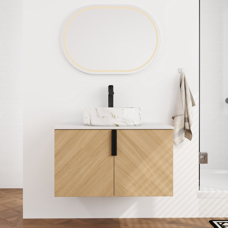 Meuble-lavabo flottant simple 30 po avec comptoir en pierre reconstituée, Blanc / Doré