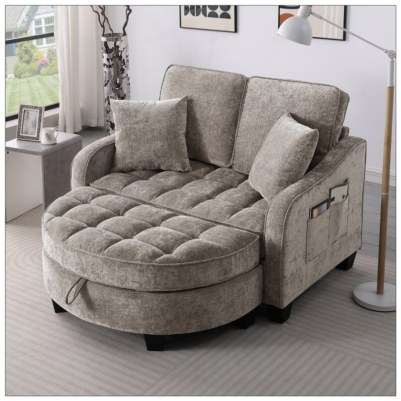 Canapé à deux places avec accoudoirs et dossier irréguliers, rangement pour repose-pieds et coussins décoratifs pour le salon et la chambre à coucher